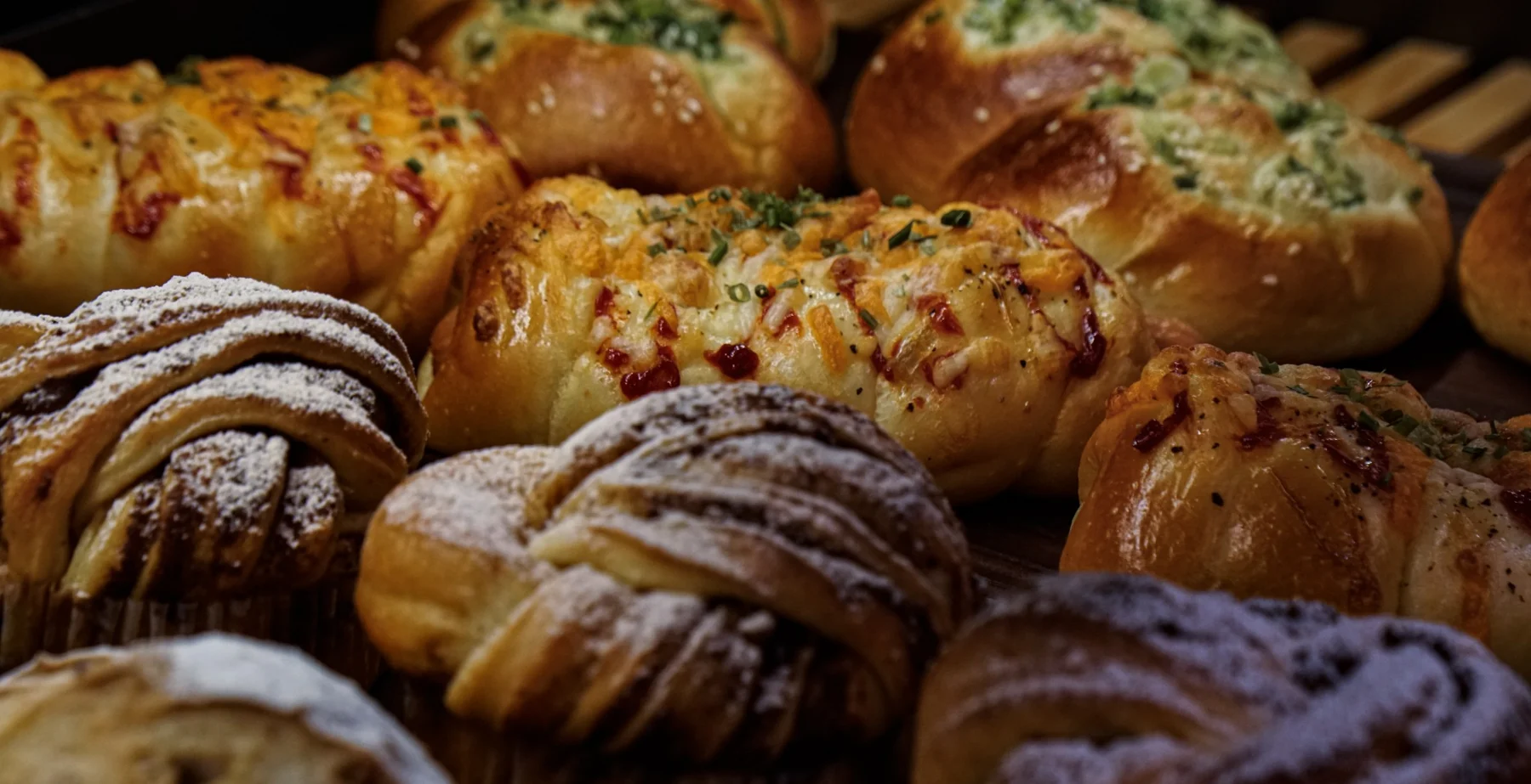A close-up selection of savoury and sweet breads